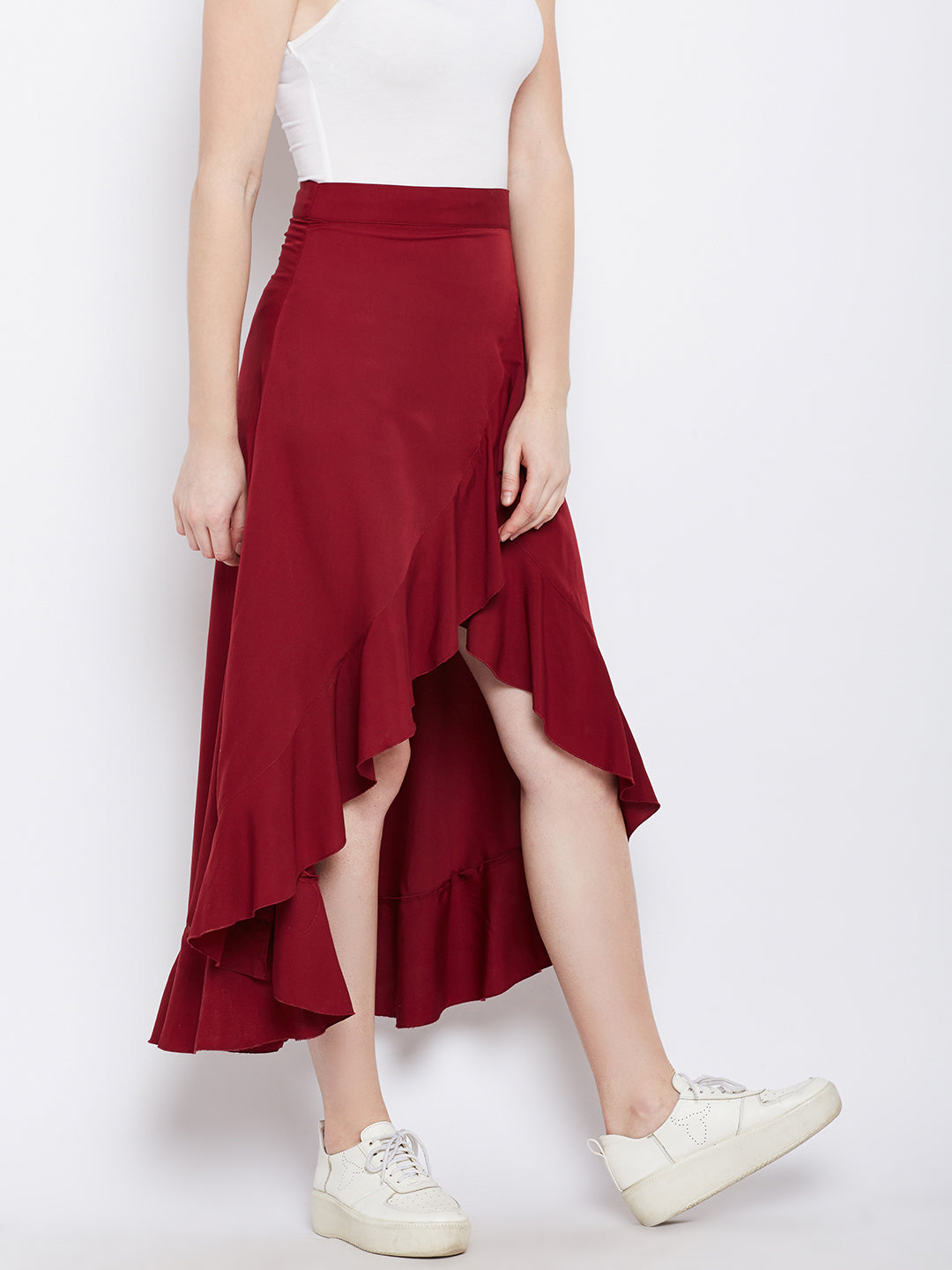 Berrylush Women Solid Maroon Waist Tie-Up Ruffled High-Low Wrap Maxi Skirt
