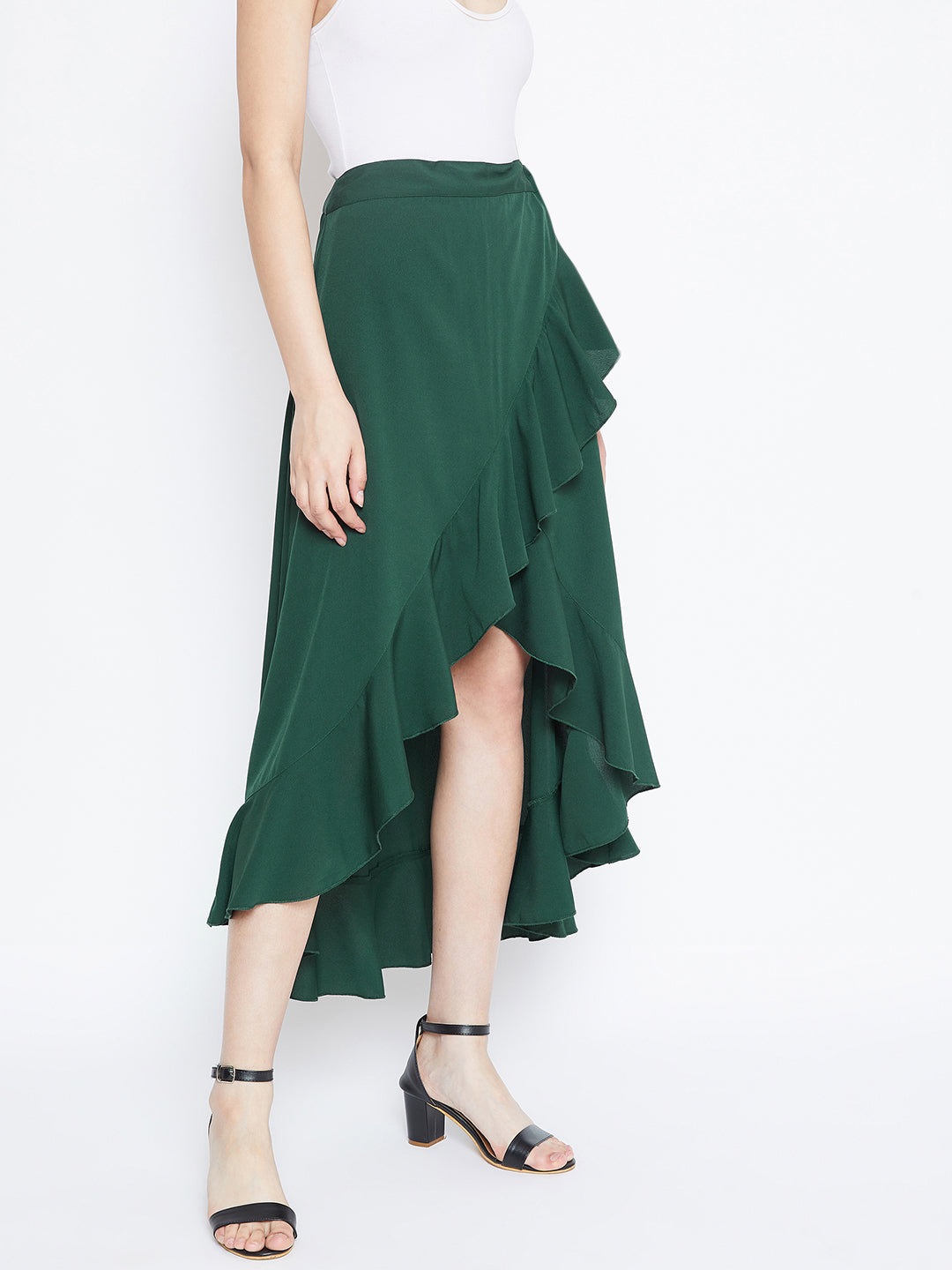 Berrylush Women Solid Green High-Low Ruffled Wrap Midi Skirt
