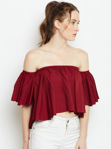 Berrylush Women Solid Maroon Off-Shoulder Neck Ruffled Crop Bardot Top