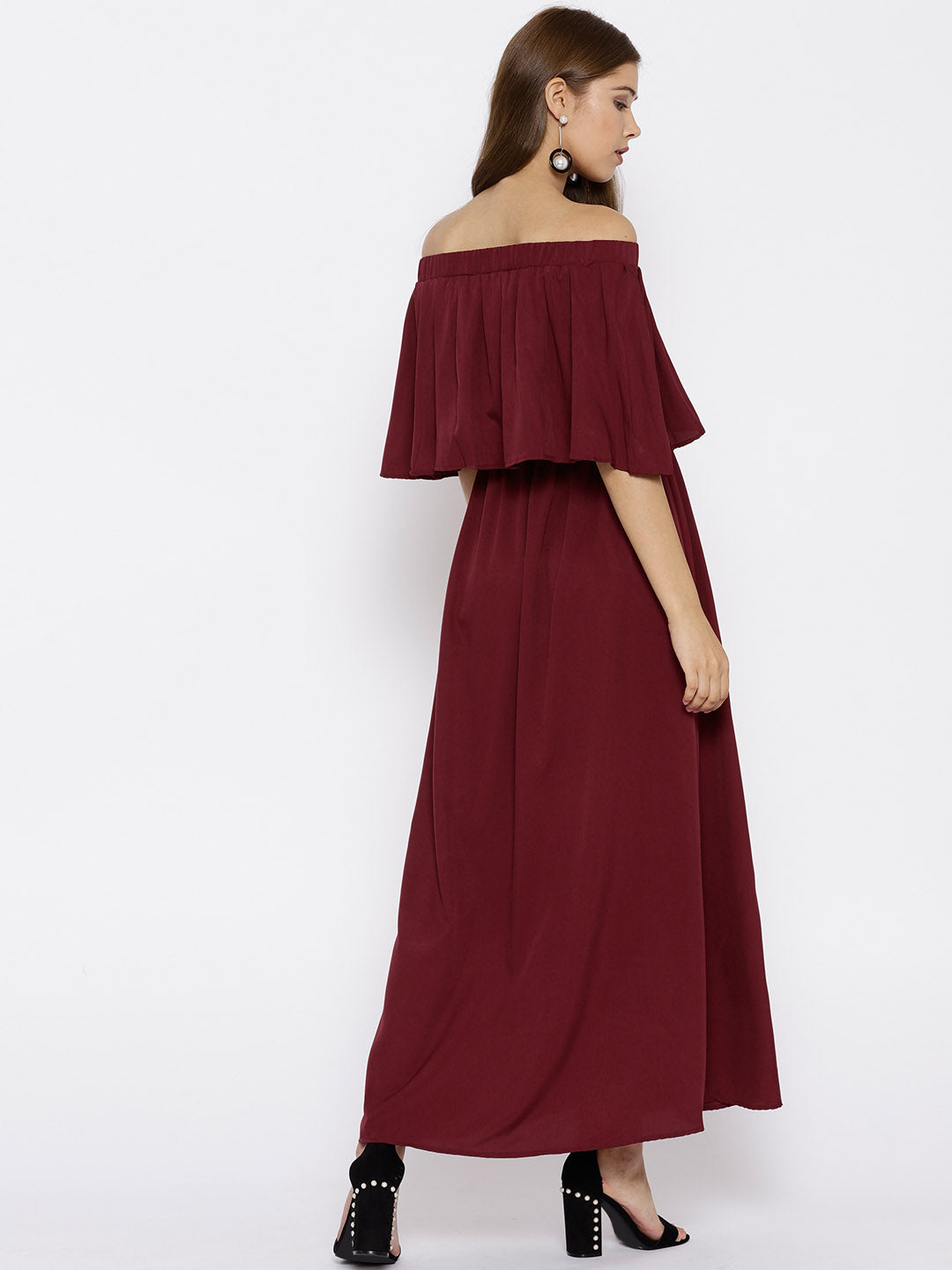 Maroon Solid Off-Shoulder Layered Maxi Dress - Berrylush