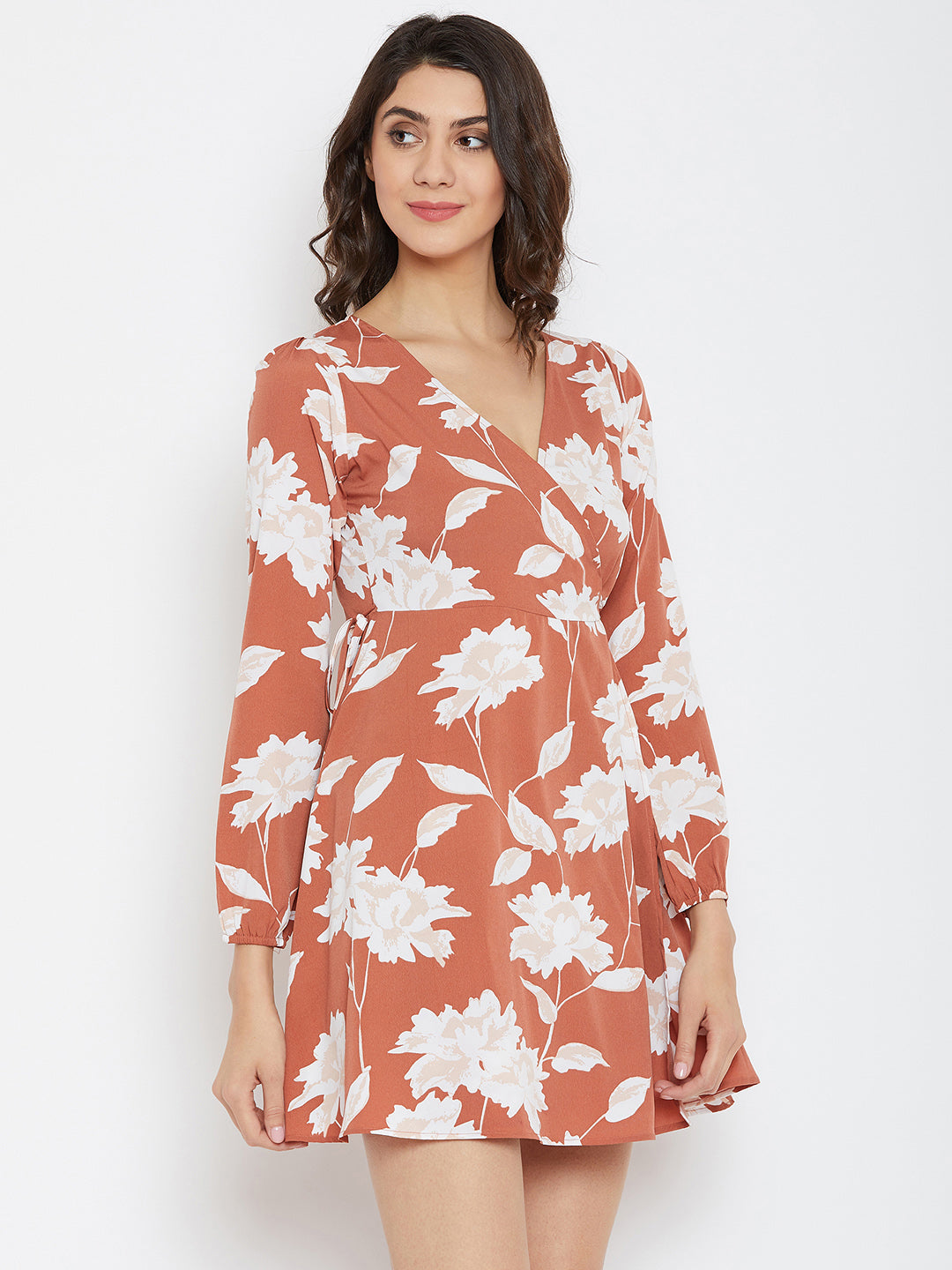 Brown Printed Wrap Dress - Berrylush