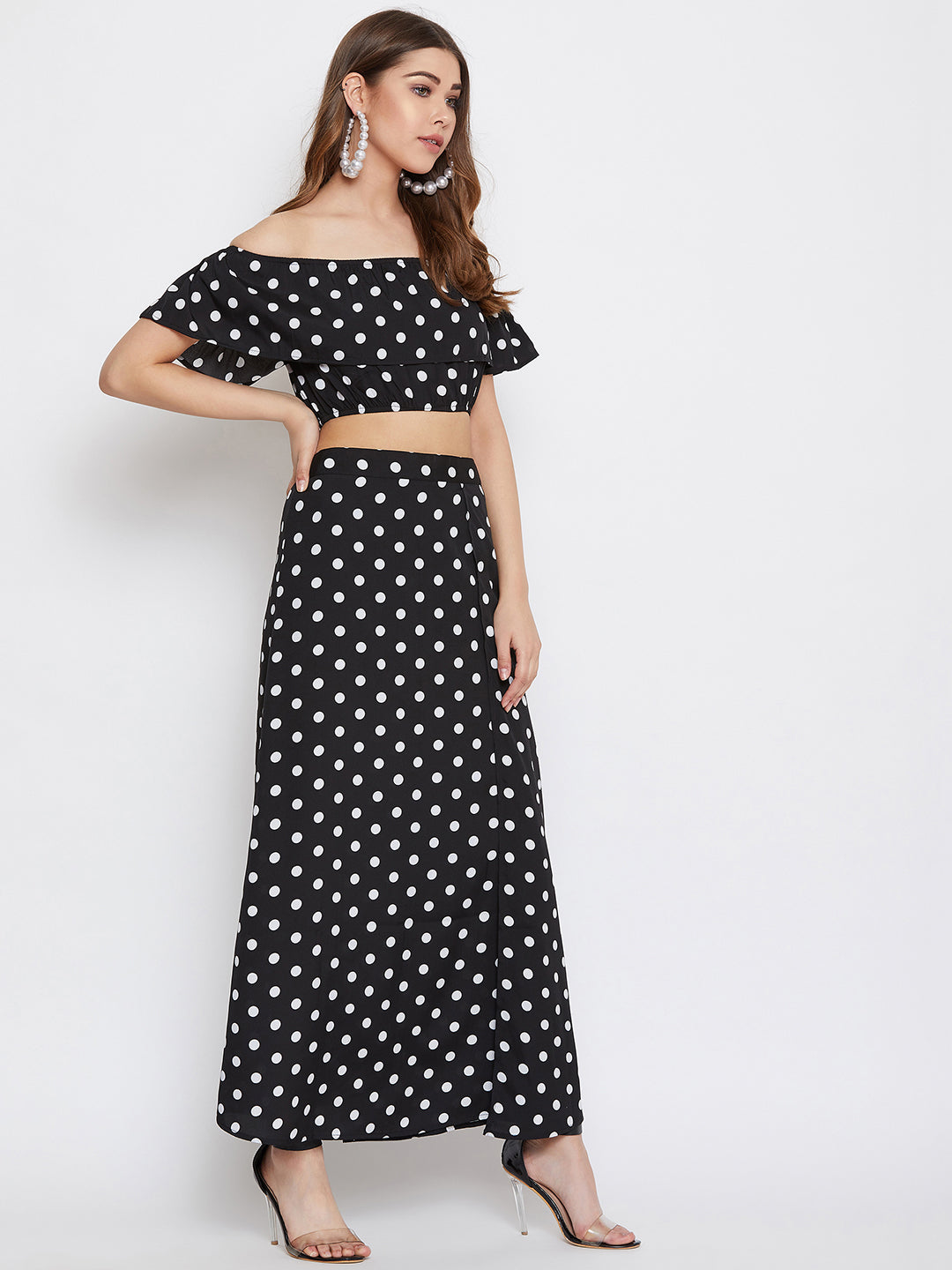 Berrylush Women Black & White Polka Dot Printed Off-Shoulder Co-Ordinate Maxi Dress
