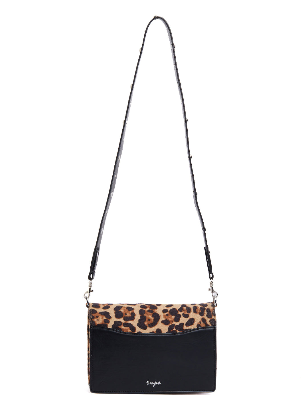 Berrylush Women Beige & Brown Animal Printed Detachable Sling Strap Studded Small Bag
