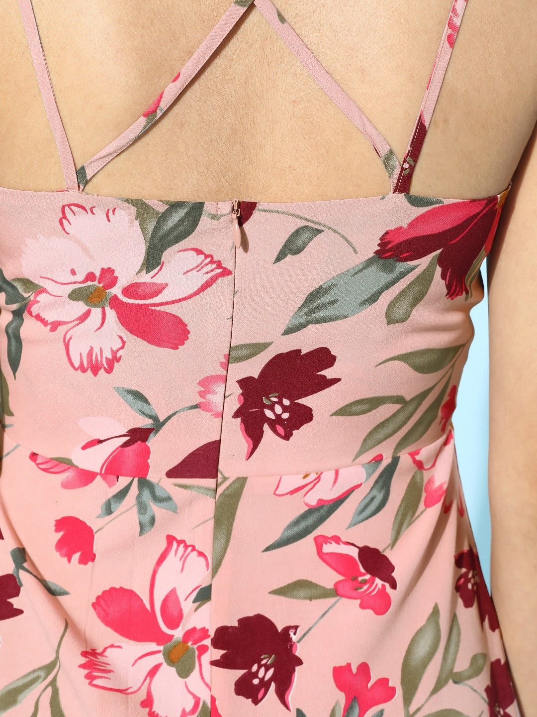 Berrylush Women Pink & Peach Floral Printed V-Neck Crisscross Back Fit & Flare Mini Dress