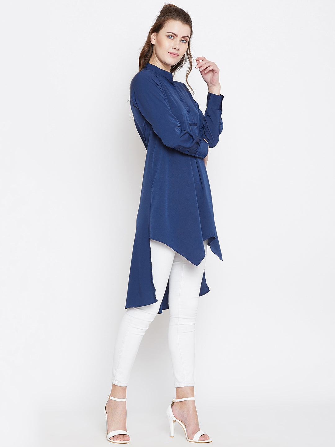 Berrylush Women Solid Blue Mandarin Collar High-Low Longline Top