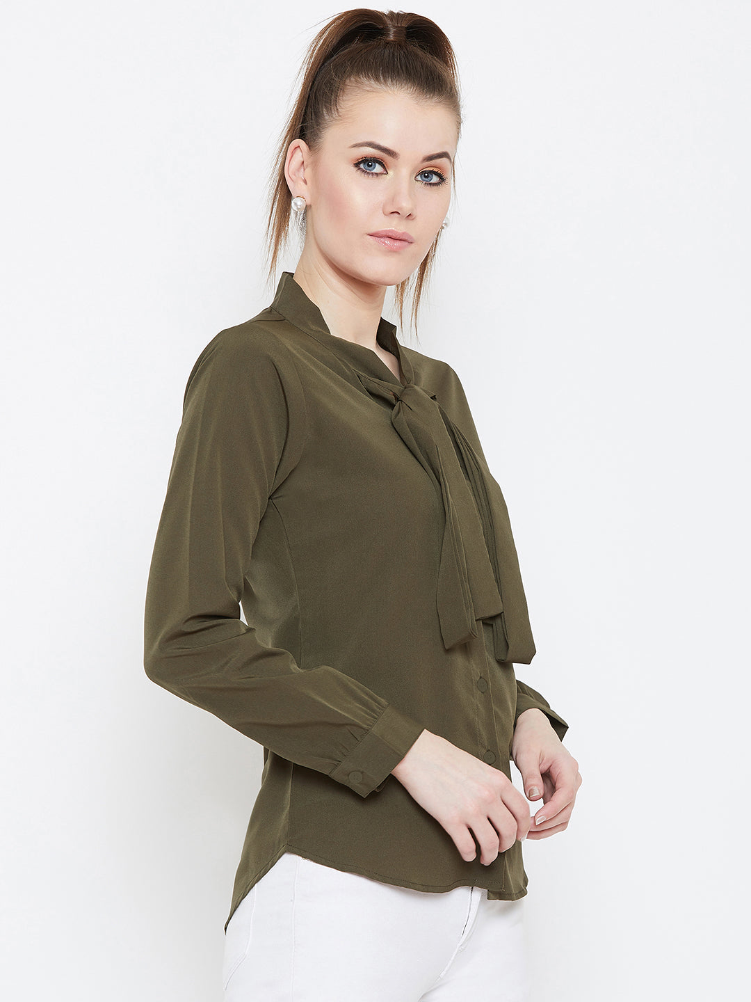 Berrylush Women Solid Olive Green Tie-Up Neck Cuffed Sleeves Shirt Style Top