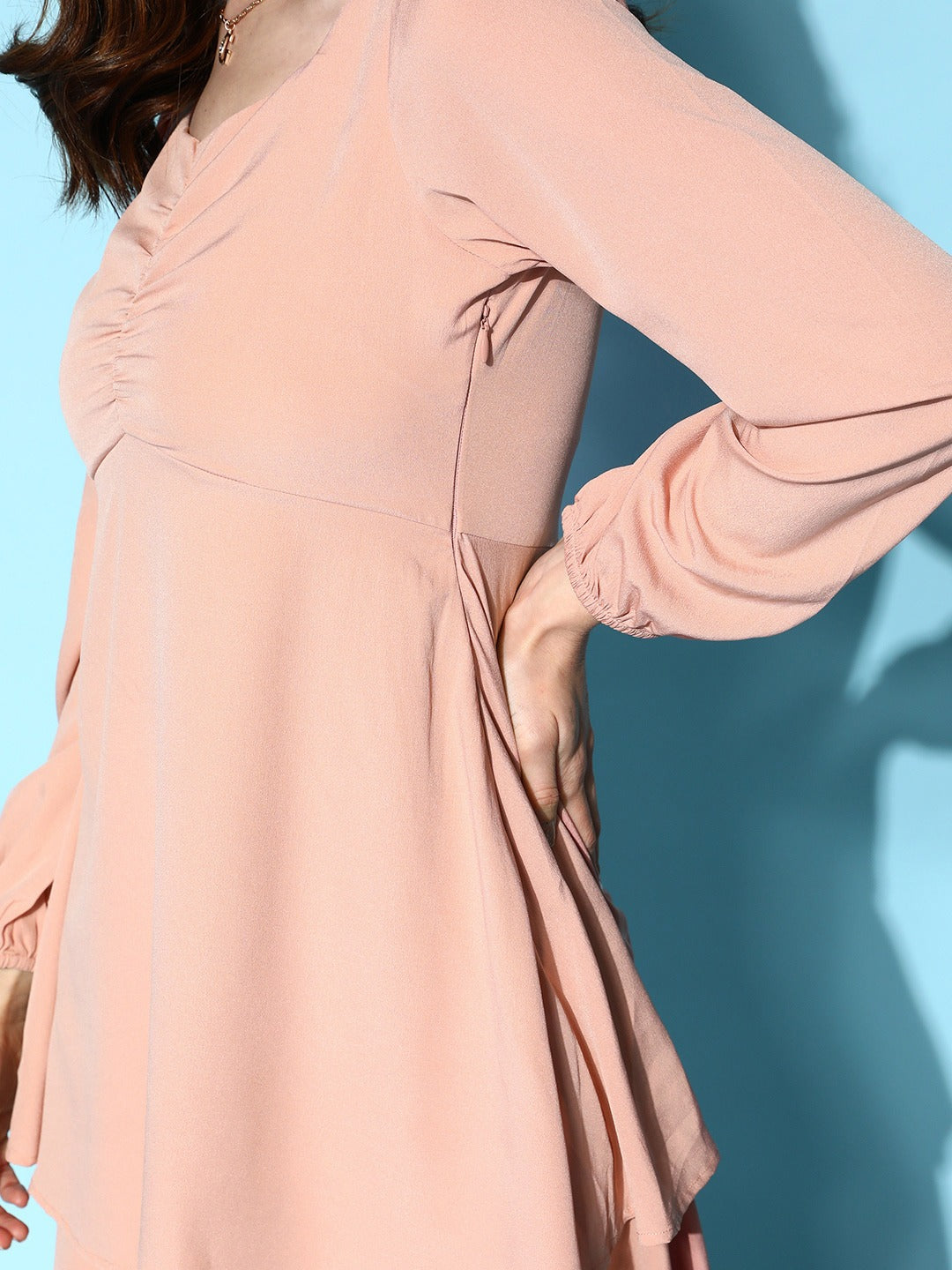 Berrylush Women Solid Pink Sweetheart Neck Puff Sleeve Flounce Tiered A-Line Maxi Dress