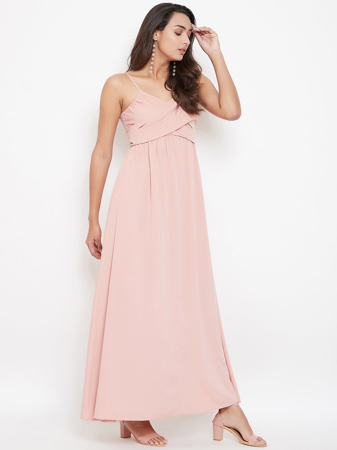 Berrylush Women Solid Pink V-Neck Sleeveless Ruched Maxi Dress