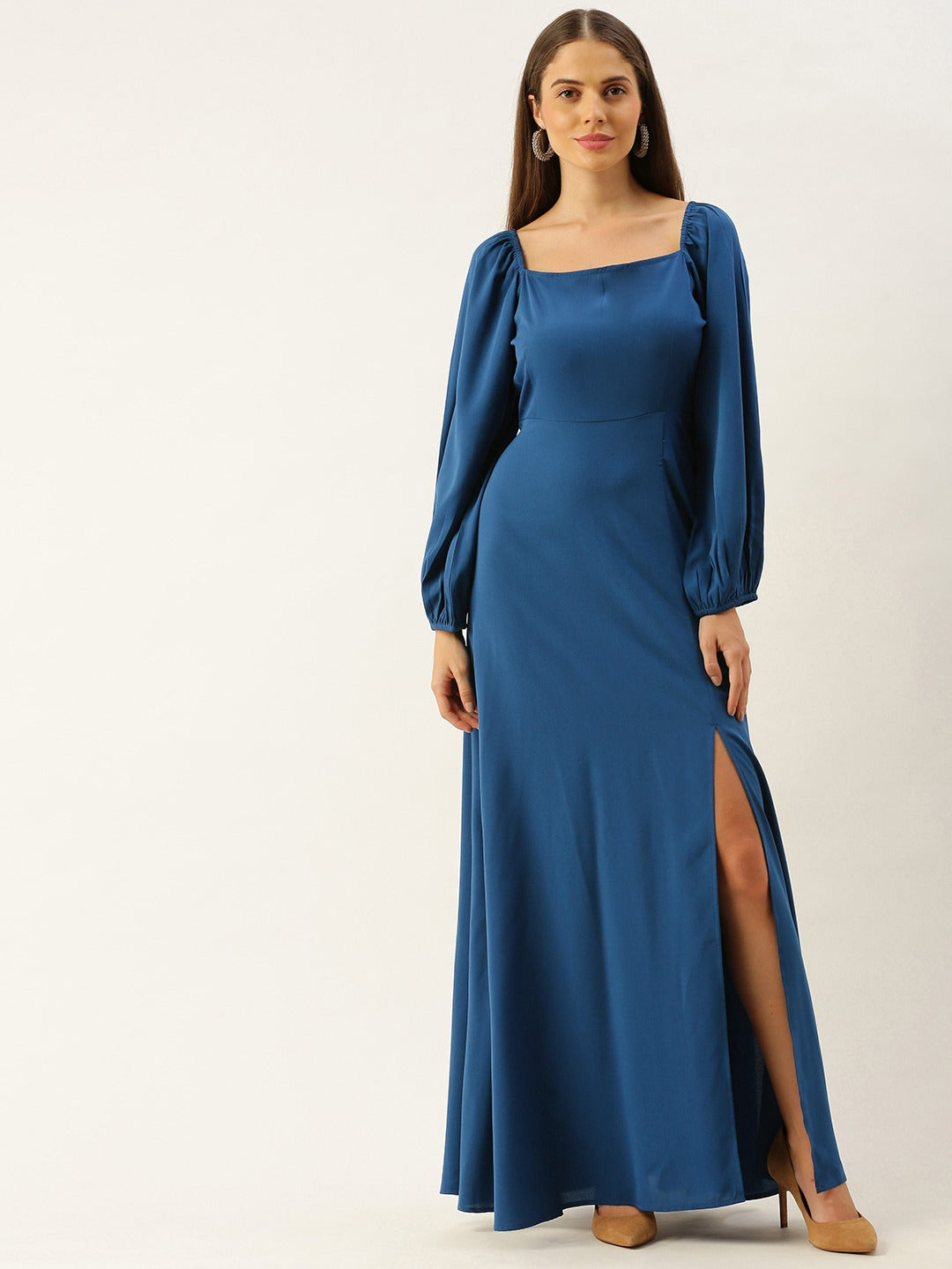 Berrylush Women Solid Blue Square Neck Slim-Fit Maxi Dress
