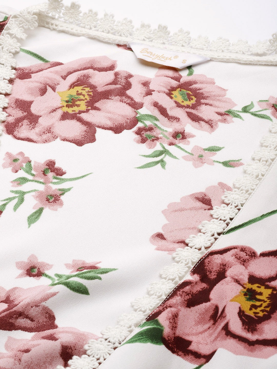 Berrylush Women White & Pink Floral Printed Tie Front Lace Trim Crop Top