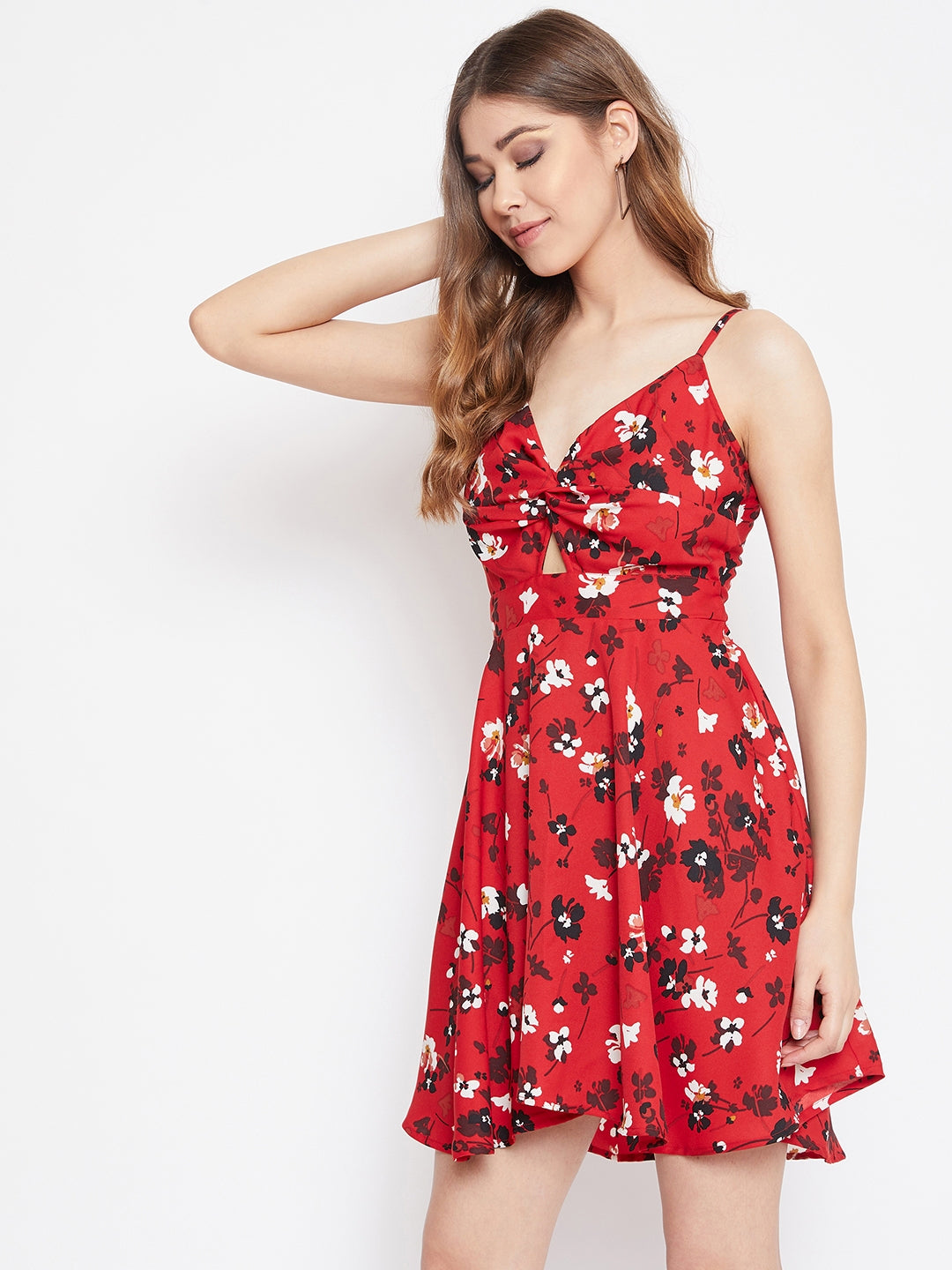 Berrylush Women Red Floral Printed V-Neck Front Twist Knot Fit & Flare Mini Dress