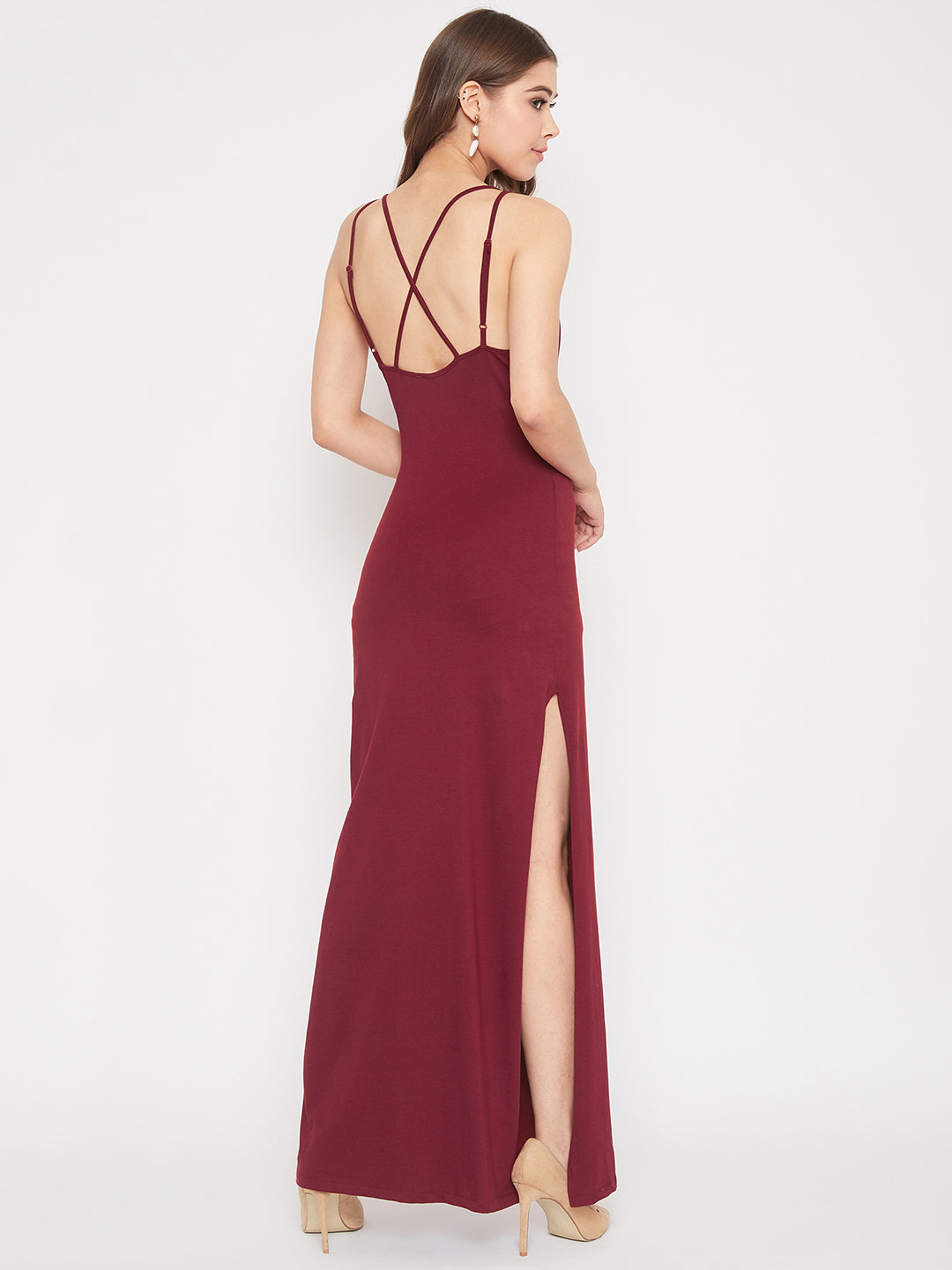Berrylush Women Solid Maroon Round-Neck Thigh-High Slit Maxi Dress