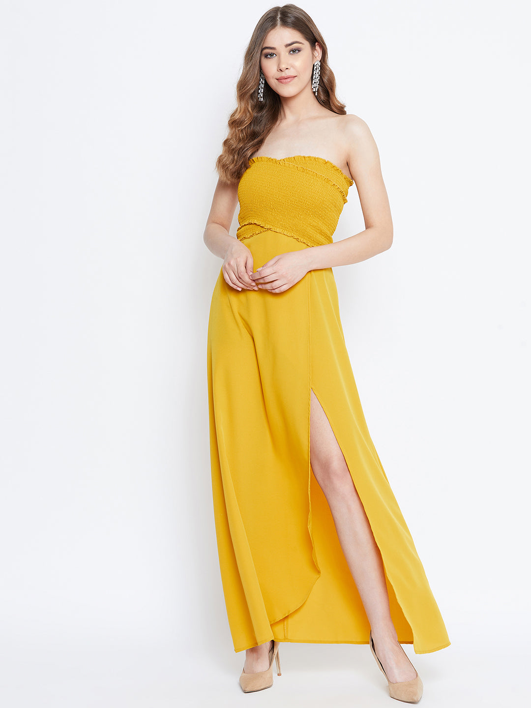 Berrylush Women Solid Mustard Yellow Strapless-Neck Smocked Fit & Flare Maxi Dress