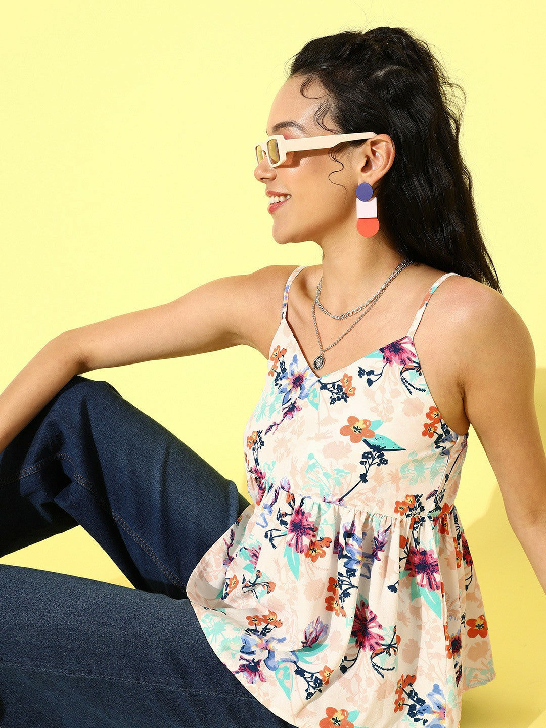 Berrylush Women White & Blue Floral Printed Crepe Peplum Top