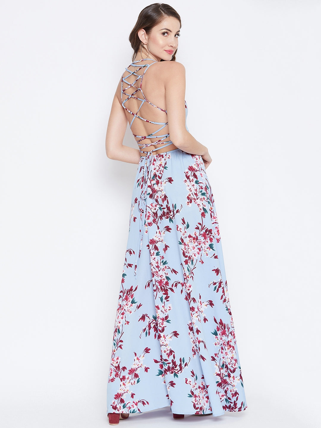 Berrylush Women Blue & Maroon Floral Print Caged Back Tie-up Maxi Dress