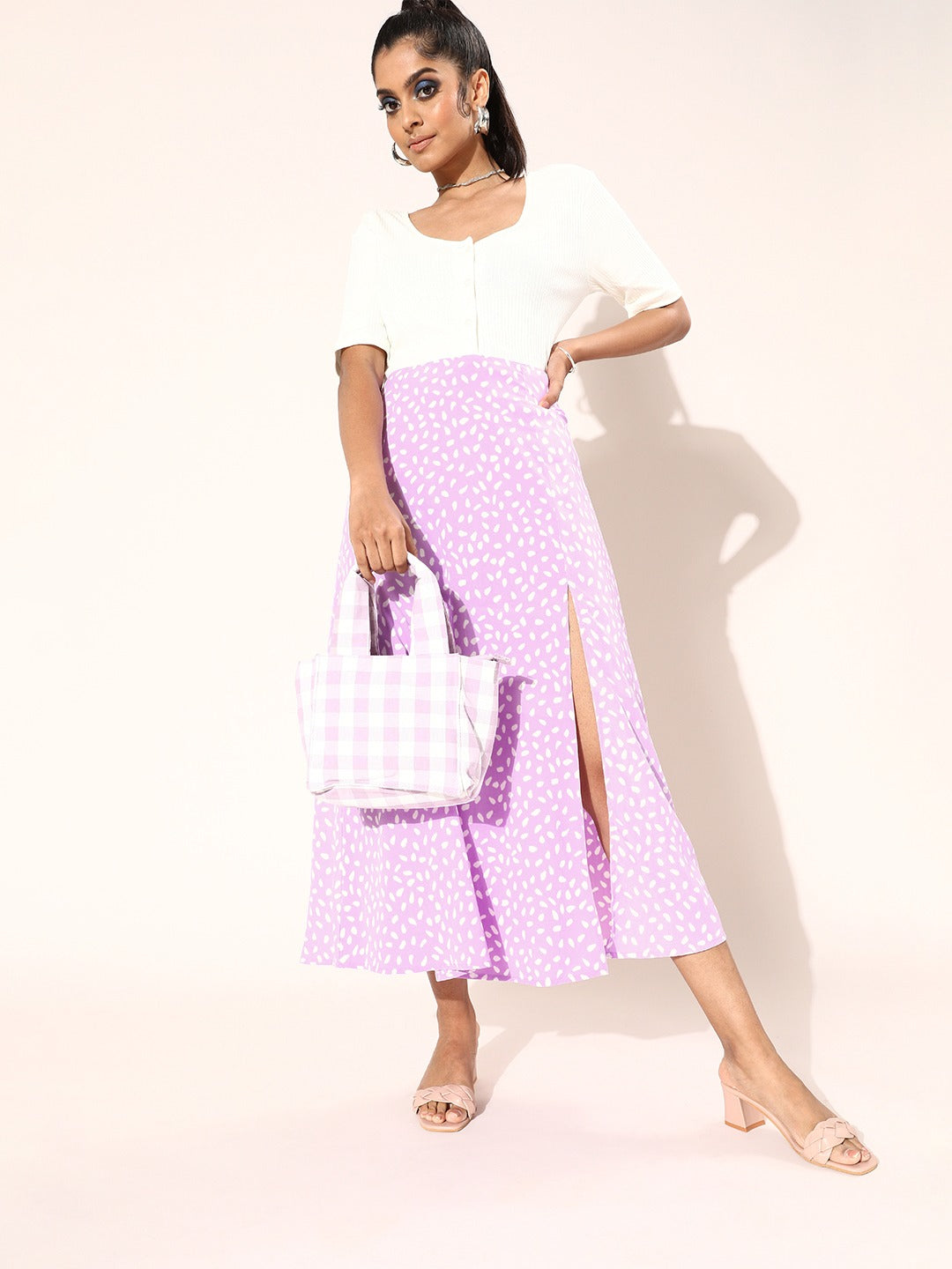 Berrylush Women Purple & White Abstract Printed Flared A-Line Midi Skirt
