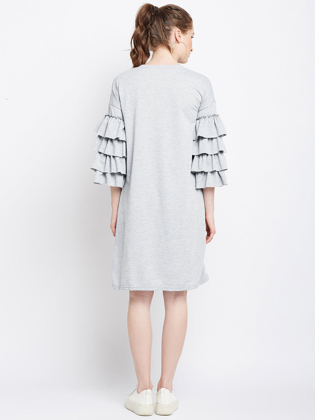 Berrylush Women Solid Grey Round Neck Three-Quarter Sleeve Cotton Fit & Flare Mini Dress