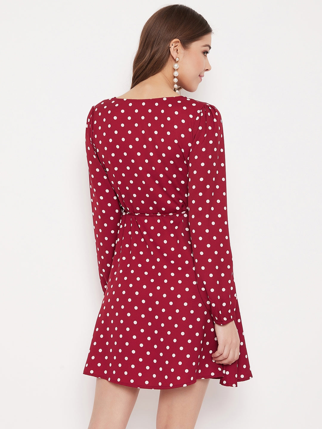 Berrylush Women Red & White Polka Dot Printed Wrap Mini Dress