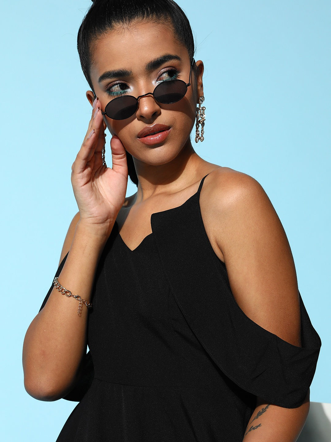 Berrylush Women Solid Black V-Neck Cold-Shoulder Flounce Hem Layered A-Line Maxi Dress