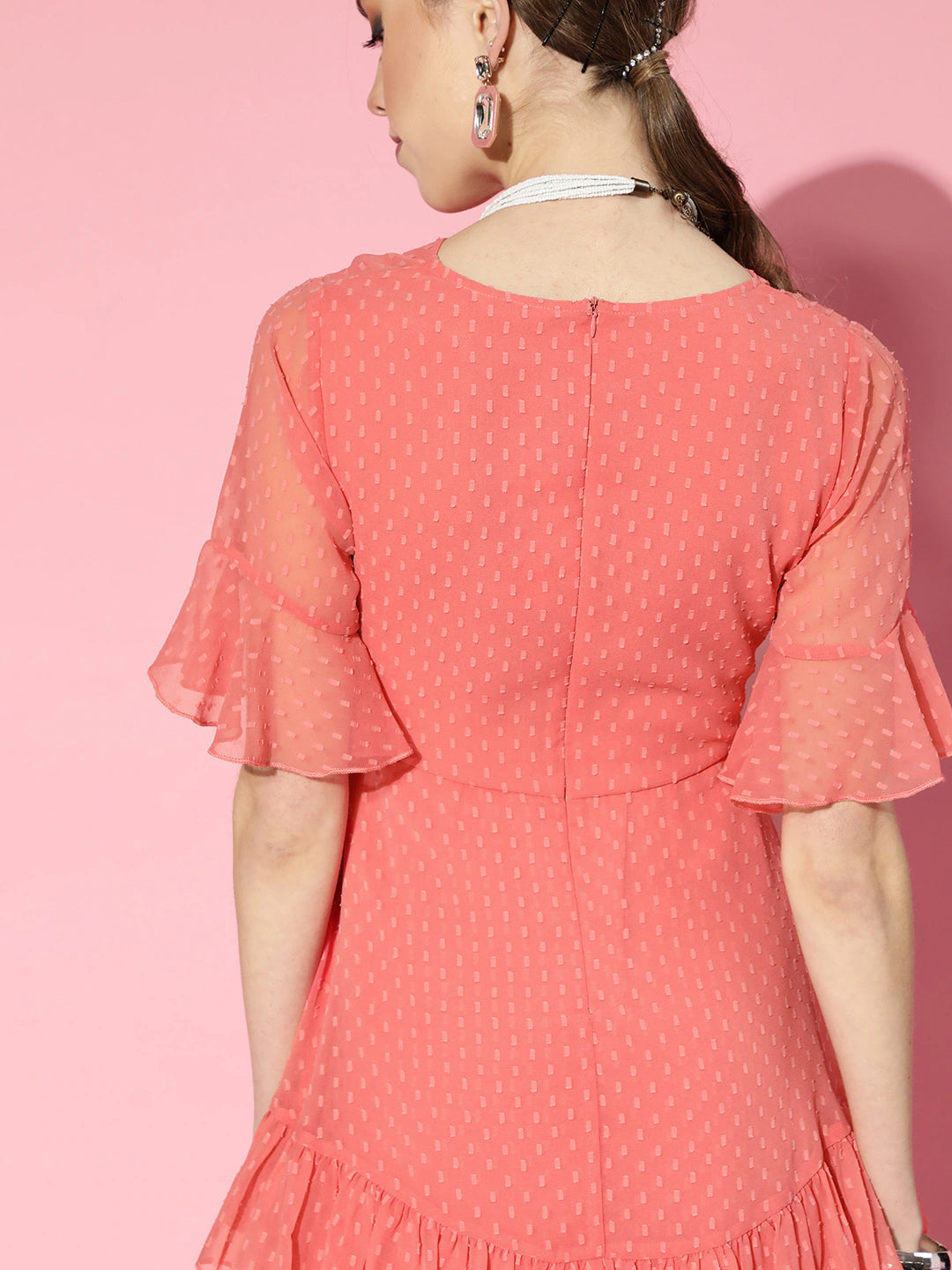 Berrylush Women Pink Ruffled Front Knot Layered Mini Dress