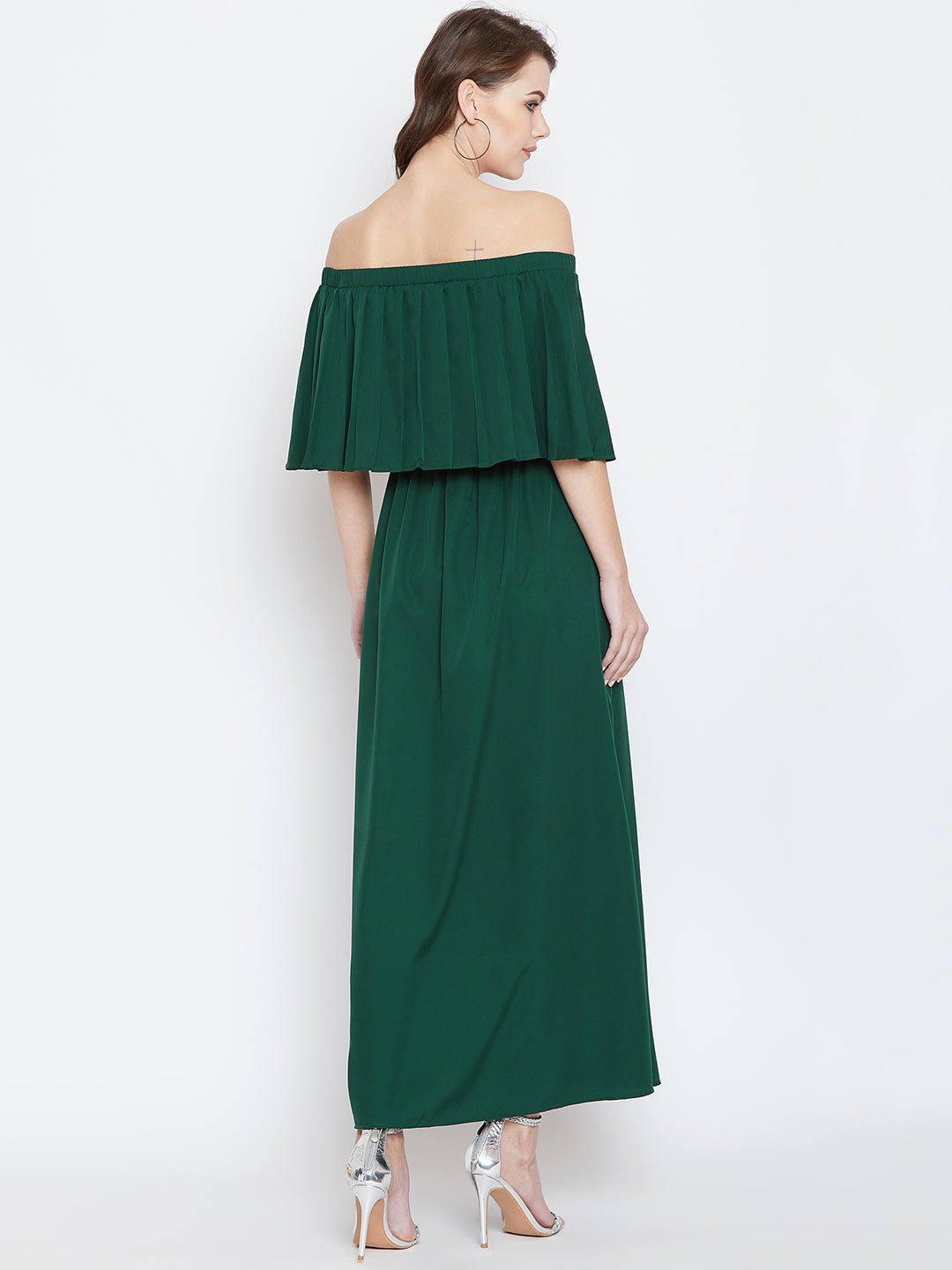 Green Solid Off-Shoulder Layered Maxi Dress - Berrylush