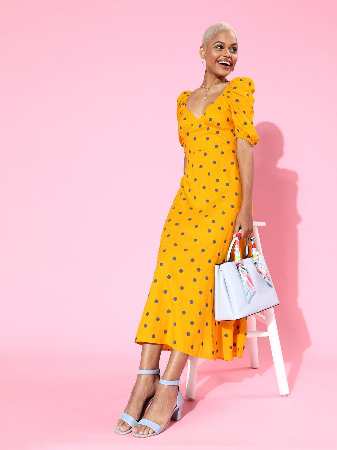 Berrylush Women Yellow & Black Polka Dot Printed Sweetheart Neck Flared A-Line Maxi Dress