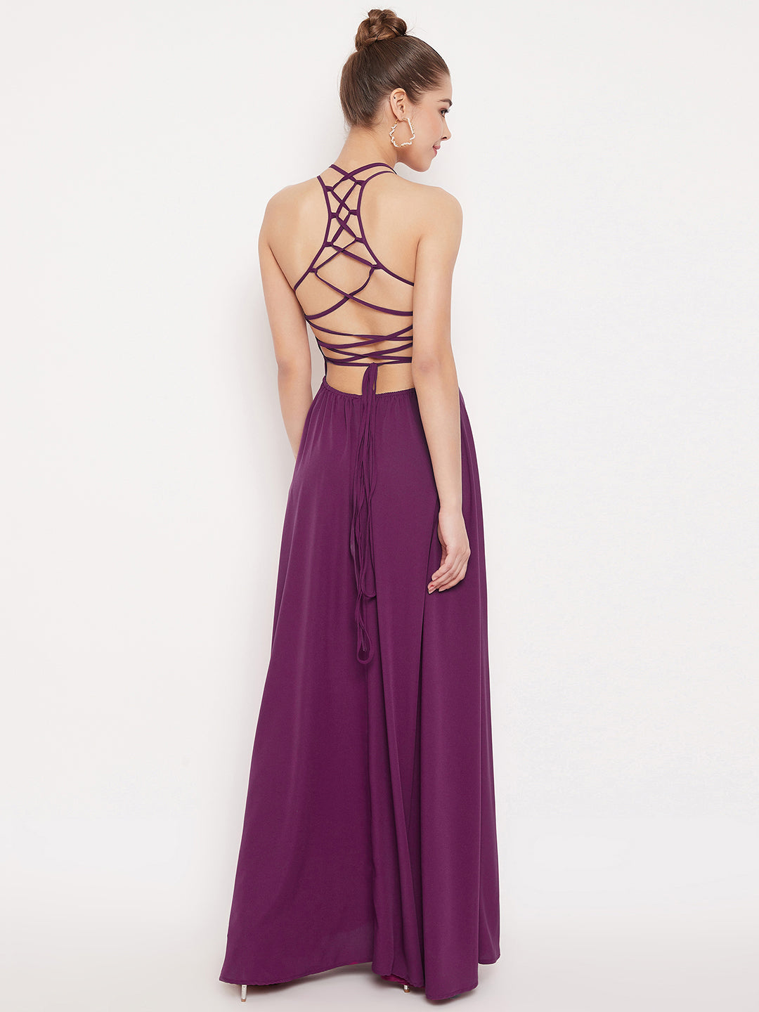 Berrylush Women Solid Purple Caged Back Halter Neck Maxi Dress
