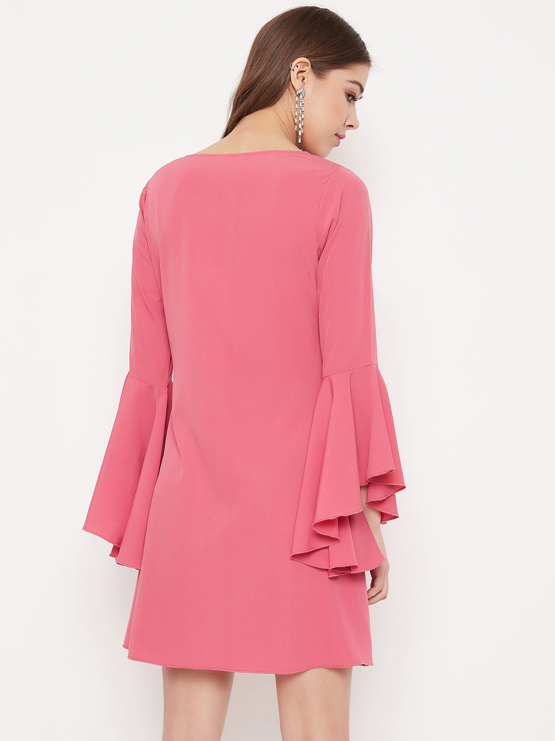 Berrylush Women Solid Pink Flared Sleeves A-Line Mini Dress