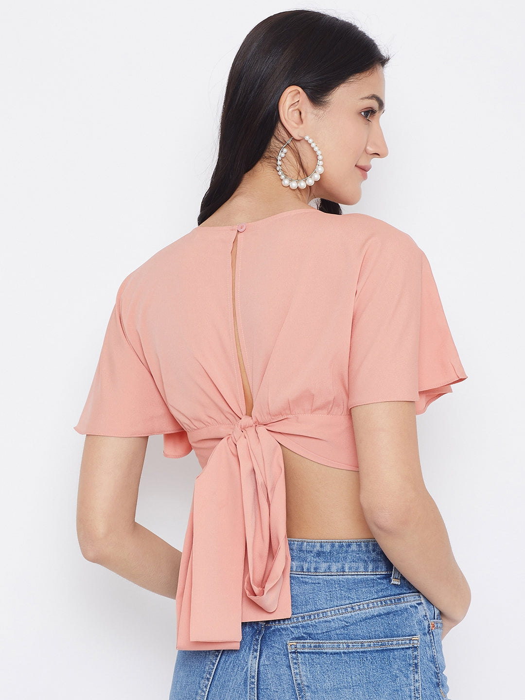 Berrylush Women Solid Pink V-Neck Cropped Wrap Top