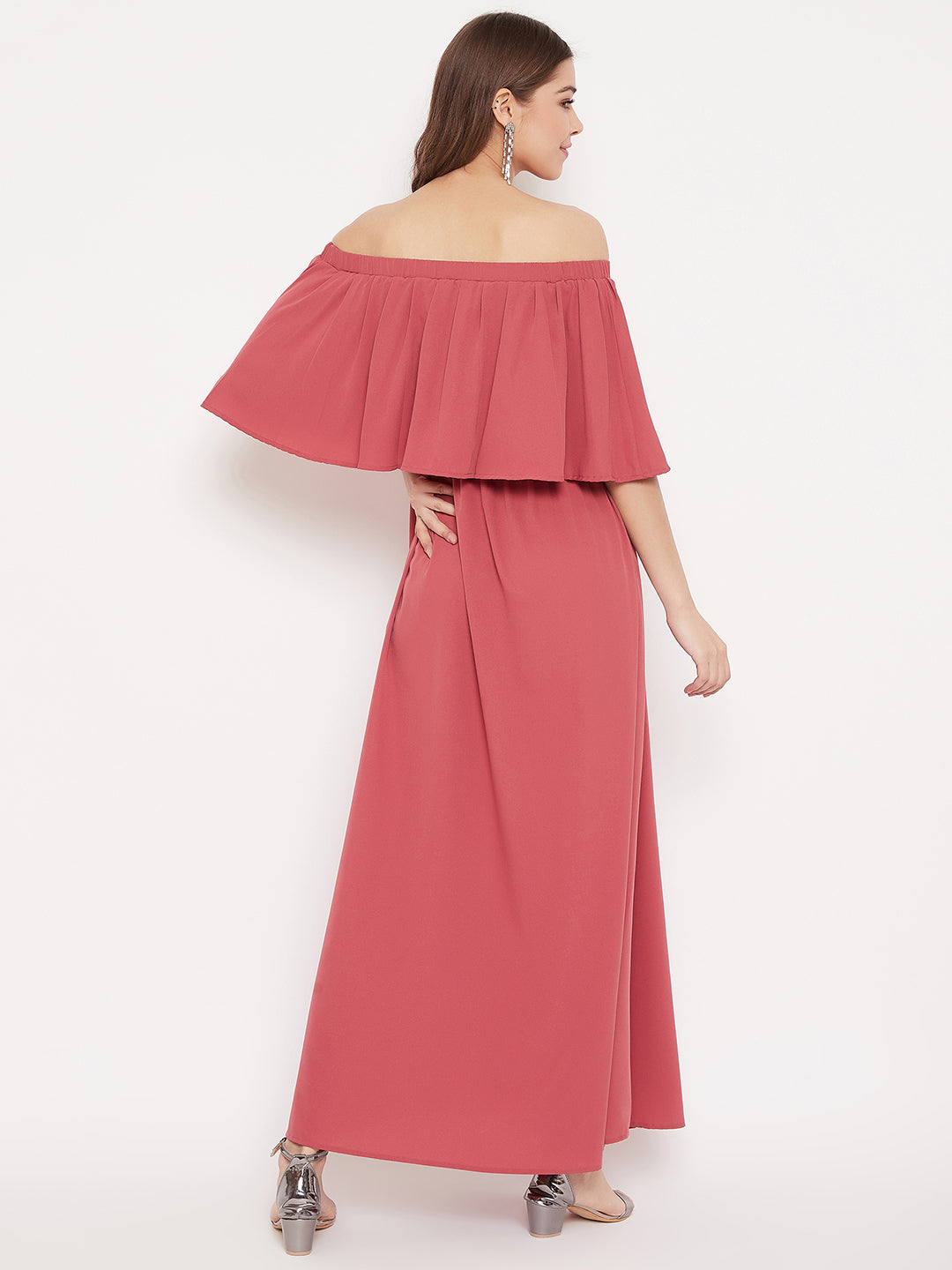Berrylush Women Solid Dark Pink Off-Shoulder Neck Three-Quarter Sleeves Crepe Flared Maxi Dress