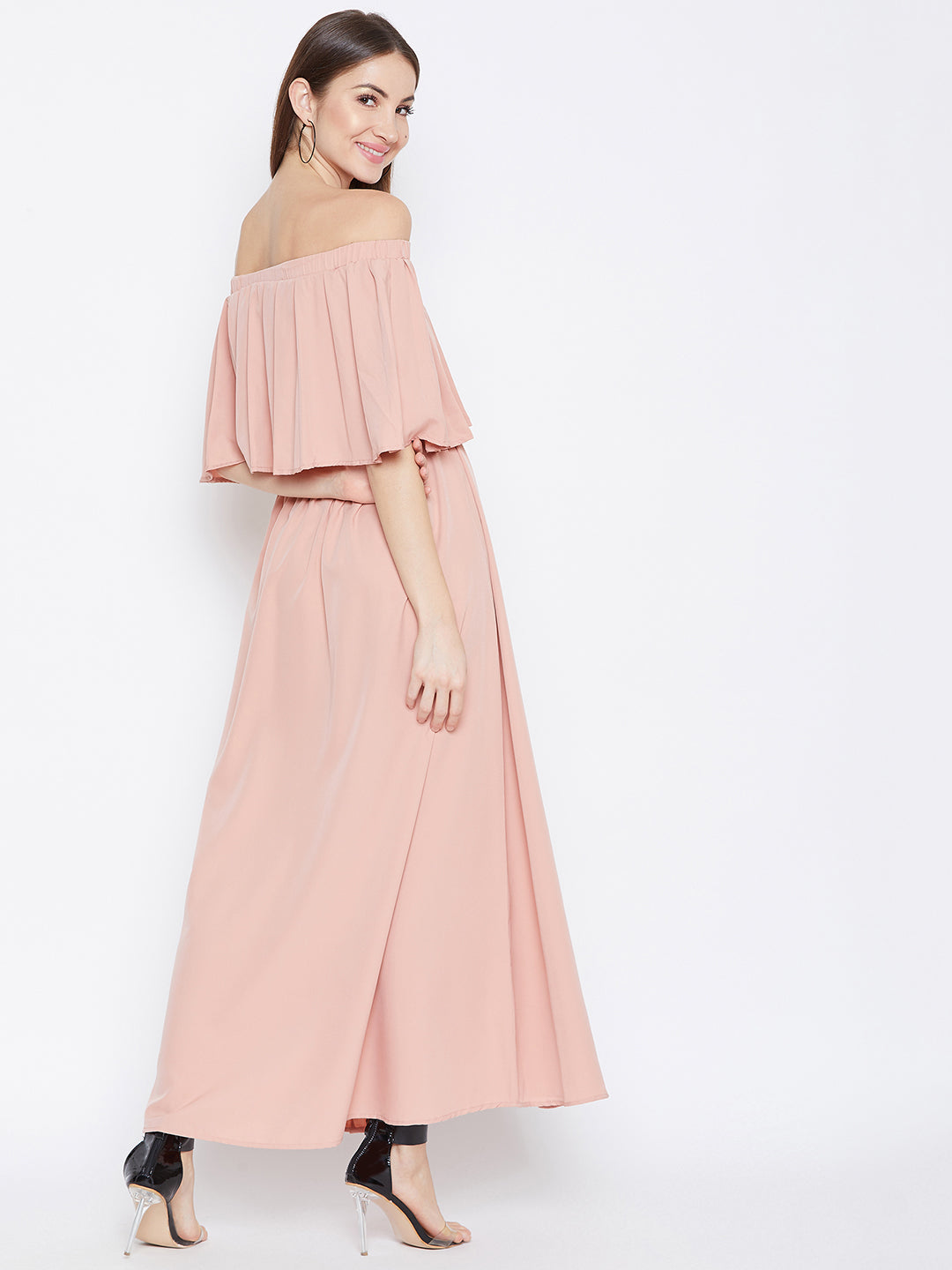 Berrylush Women Solid Pink Off-Shoulder Neck Cold-Shoulder Sleeves Flared Maxi Dress