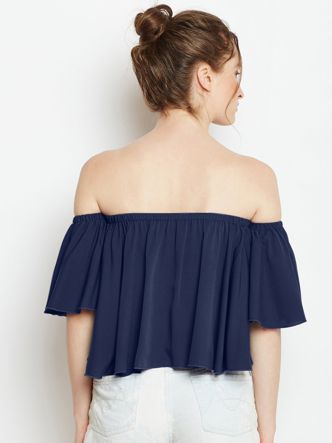 Berrylush Women Solid Blue Off-Shoulder Neck Ruffled Crop Bardot Top