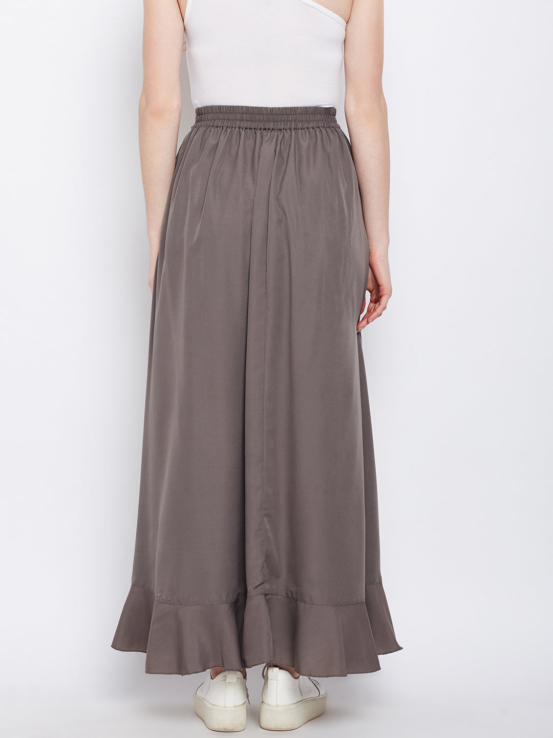 Berrylush Women Solid Grey Waist Tie-Up Ruffled Maxi Skirt with Attach