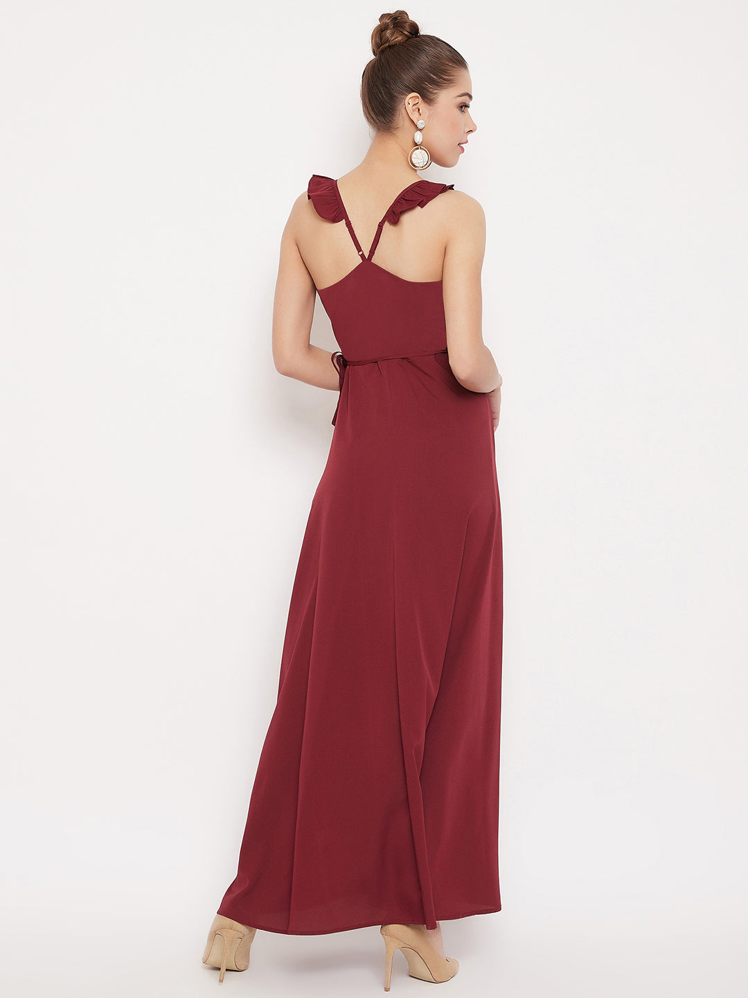 Berrylush Women Solid Maroon V-Neck Thigh-High Slit Tulip Hem Wrap Maxi Dress
