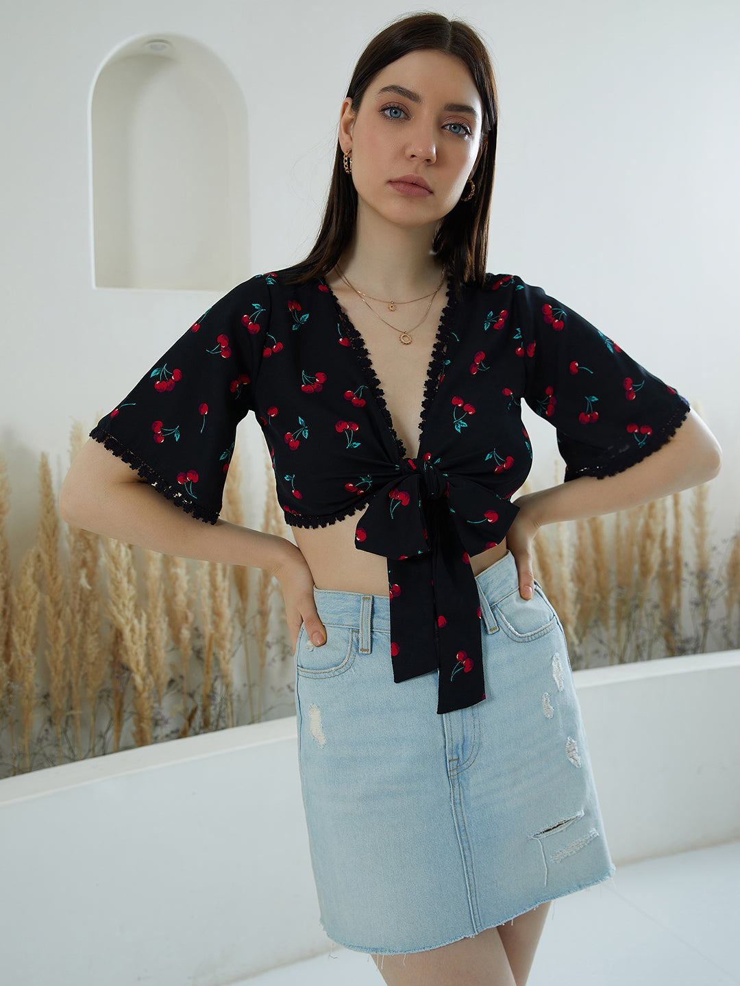 Berrylush Women Black & Red Cherry Printed V-Neck Lace Waist Tie-Up Shirt-Styled Crop Top