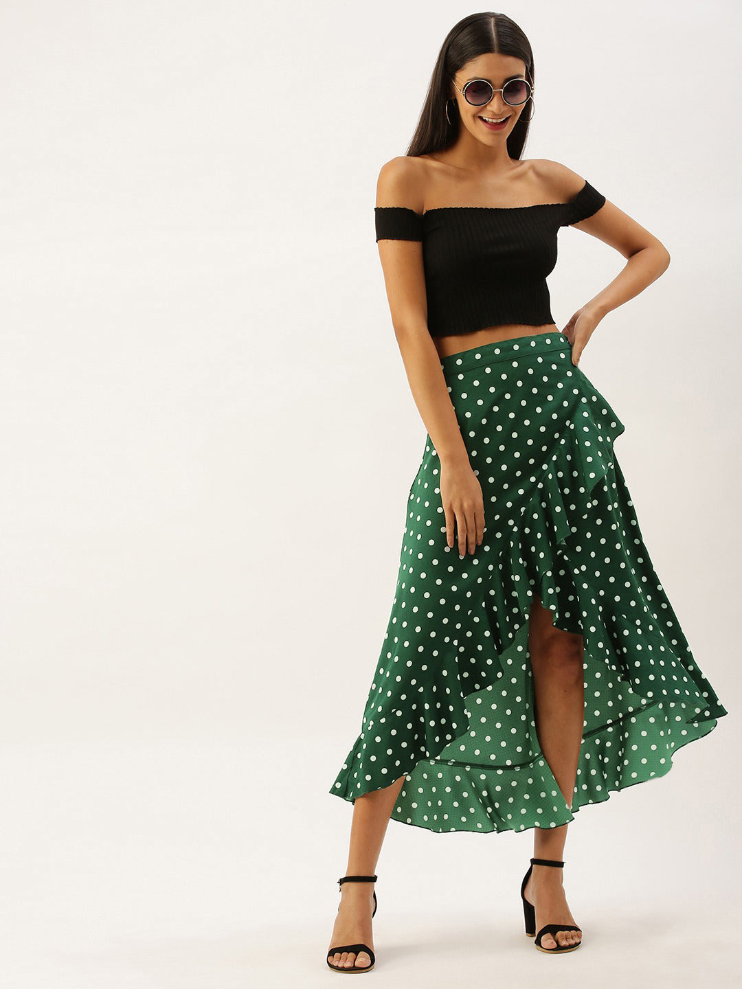 Berrylush Women Green Polka Dot Asymmetrical Hem Ruffled Wrap Skirt