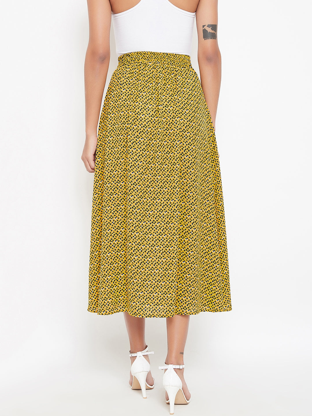 Berrylush Women Yellow & Black Animal Printed Front Slit A-Line Midi Skirt
