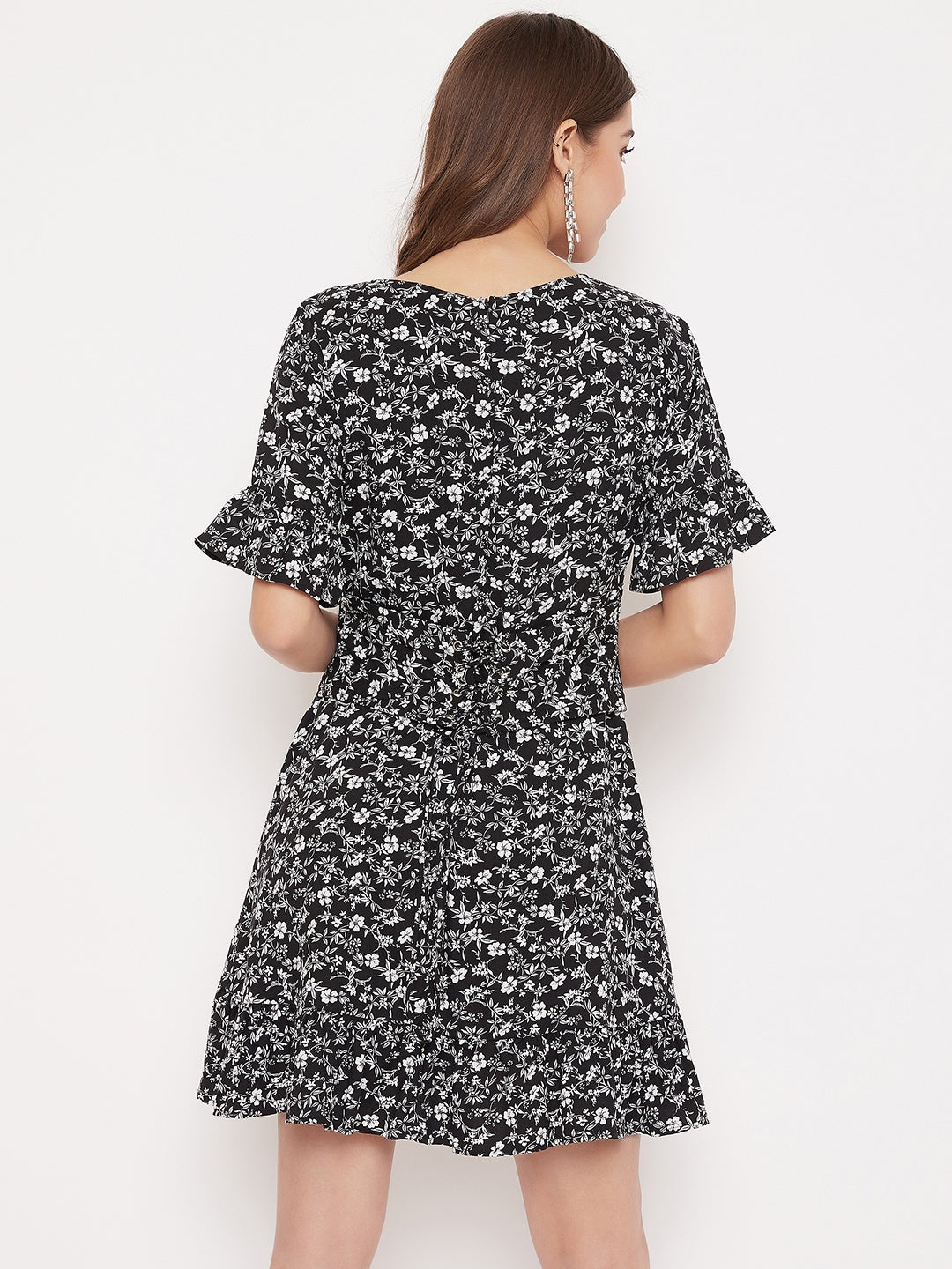 Berrylush Women Black & White Floral Printed V-Neck Bell Sleeve Flared Wrap Mini Dress