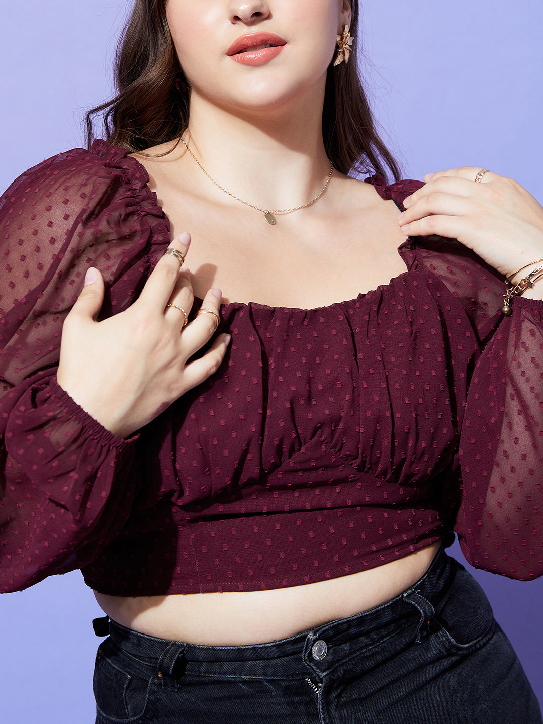 Women Plus Size Solid Maroon Dobby Weave Sweetheart Neck Puff