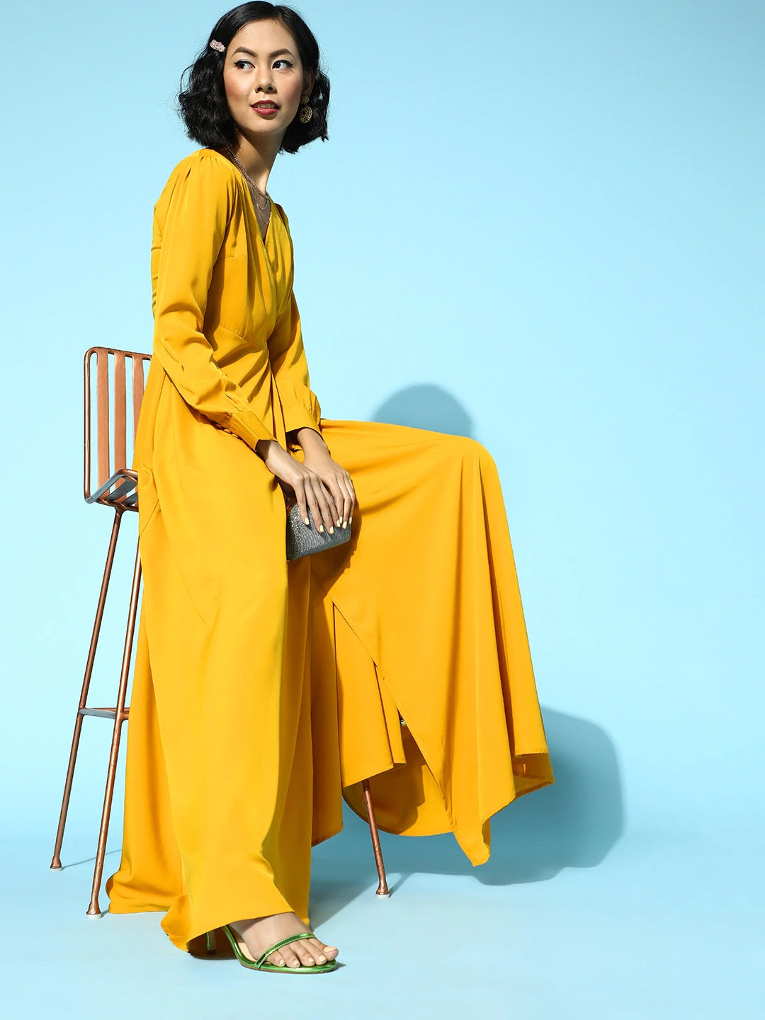 Berrylush Women Solid Yellow V-Neck Waist Tie-Up Thigh-High Slit Flared Maxi Dress