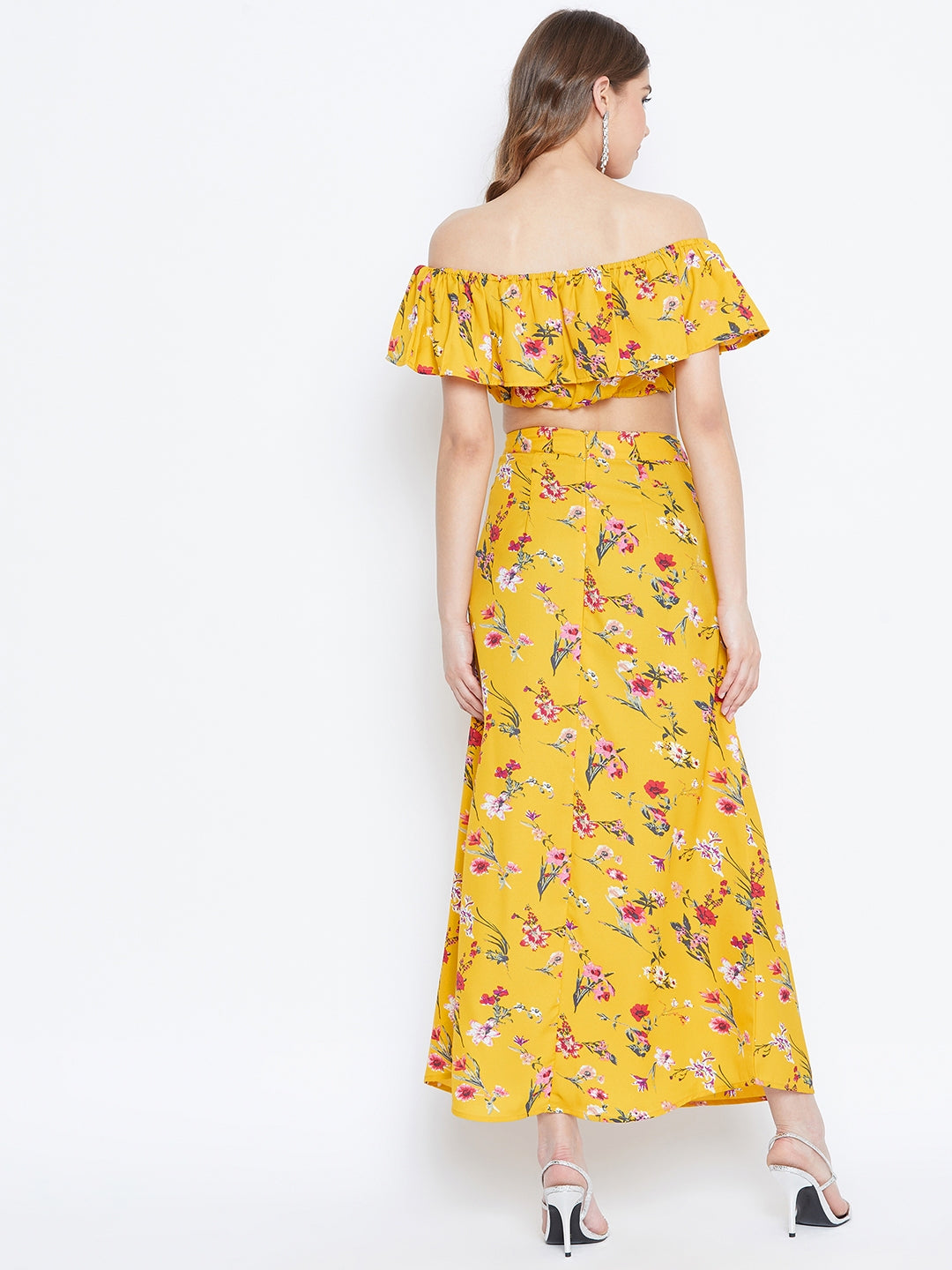 Berrylush Women Yellow Floral Printed Off-Shoulder Co-Ordinate Maxi Dress