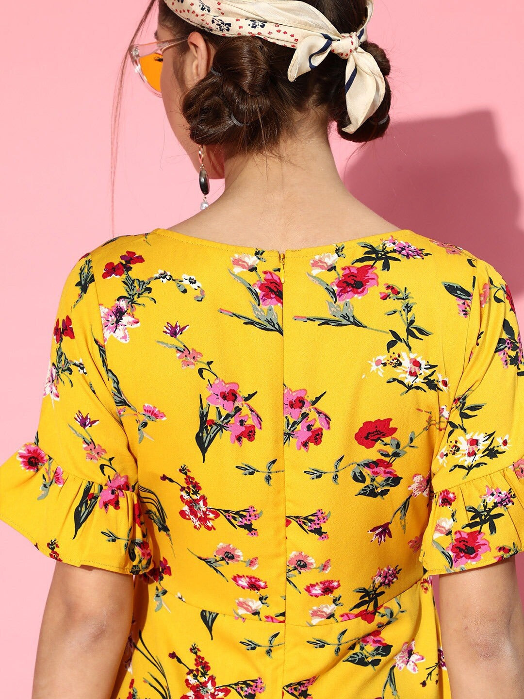 Berrylush Women Yellow Floral Printed V-Neck Flounce Fit & Flare Mini Dress