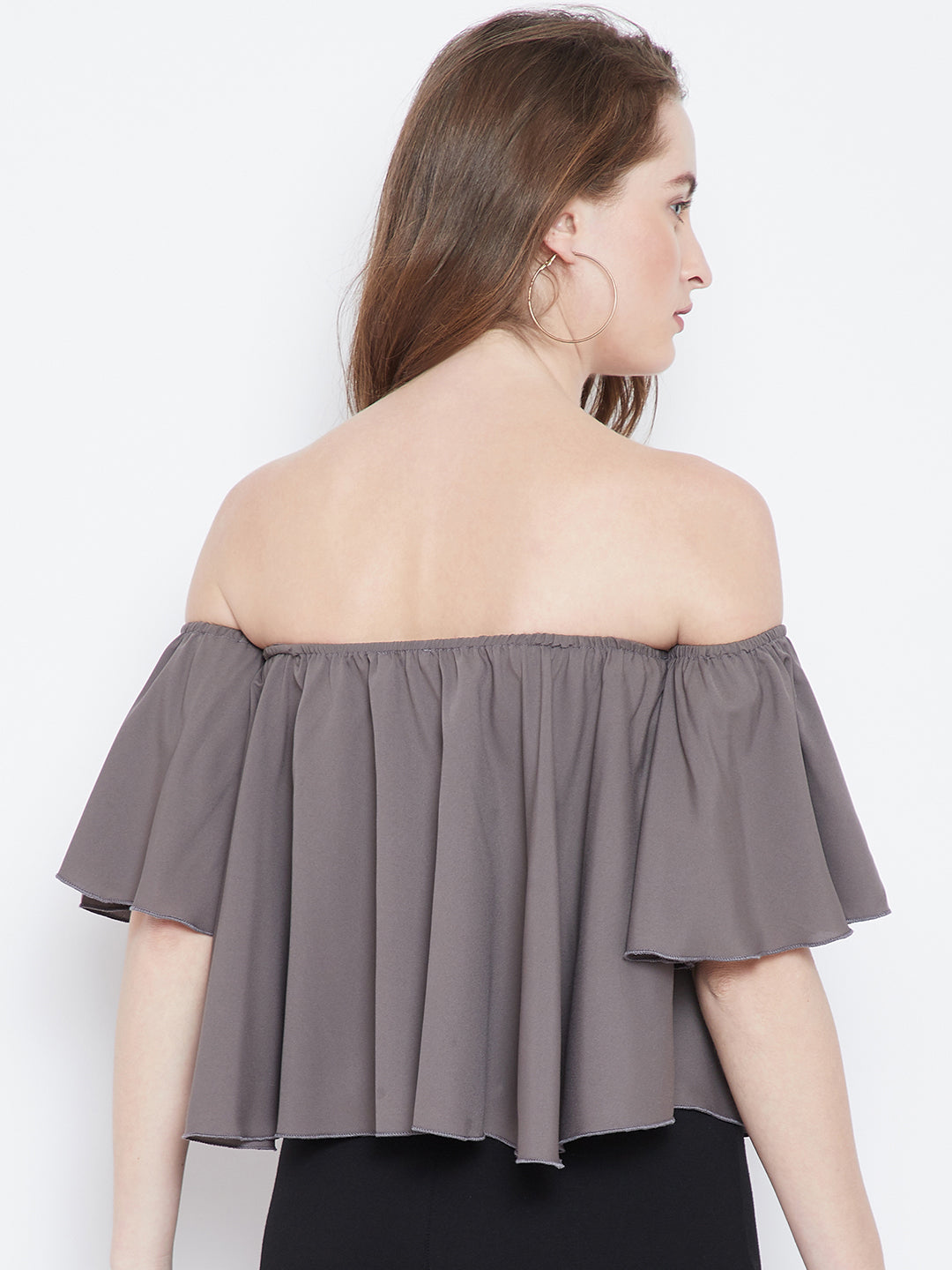 Berrylush Grey Solid Bardot Top - Berrylush