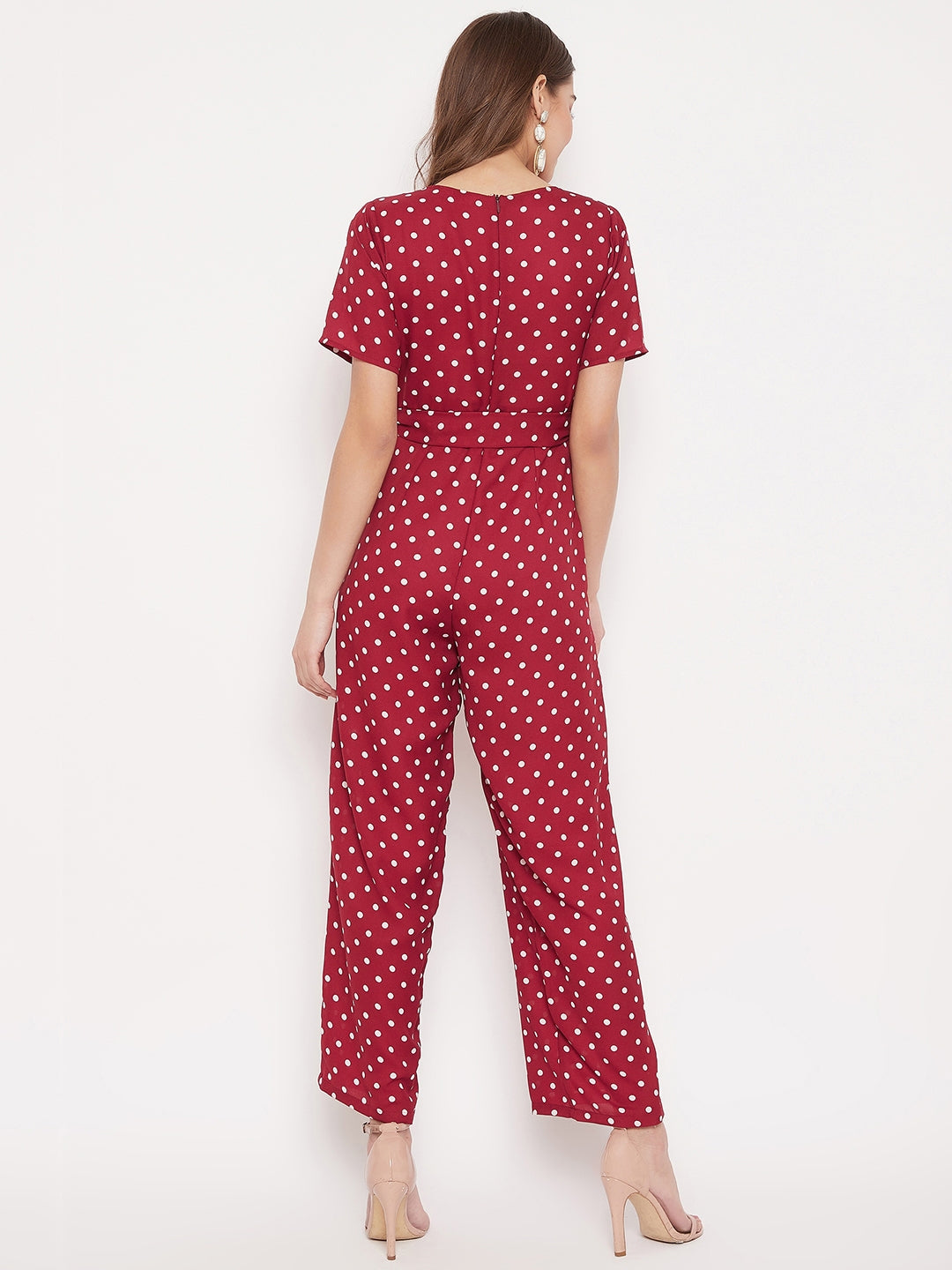 Berrylush Women Red & White Polka Dot Printed Jumpsuit