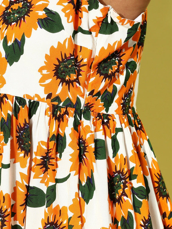 Women Plus Size Yellow & White Sunflower Printed Scoop Neck Cotton Lace-Up Back Fit & Flare Mini Dress - Berrylush Women Plus Size Yellow & White Sunflower Printed Scoop Neck Cotton Lace-Up Back Fit & Flare Mini Dress - Berrylush