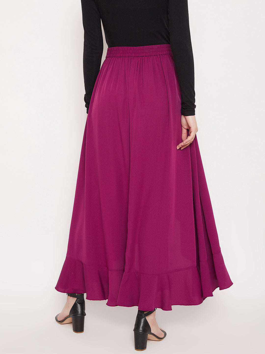 Berrylush Women Solid Purple Waist Tie-Up Ruffled Maxi Skirt With Attached Trousers
