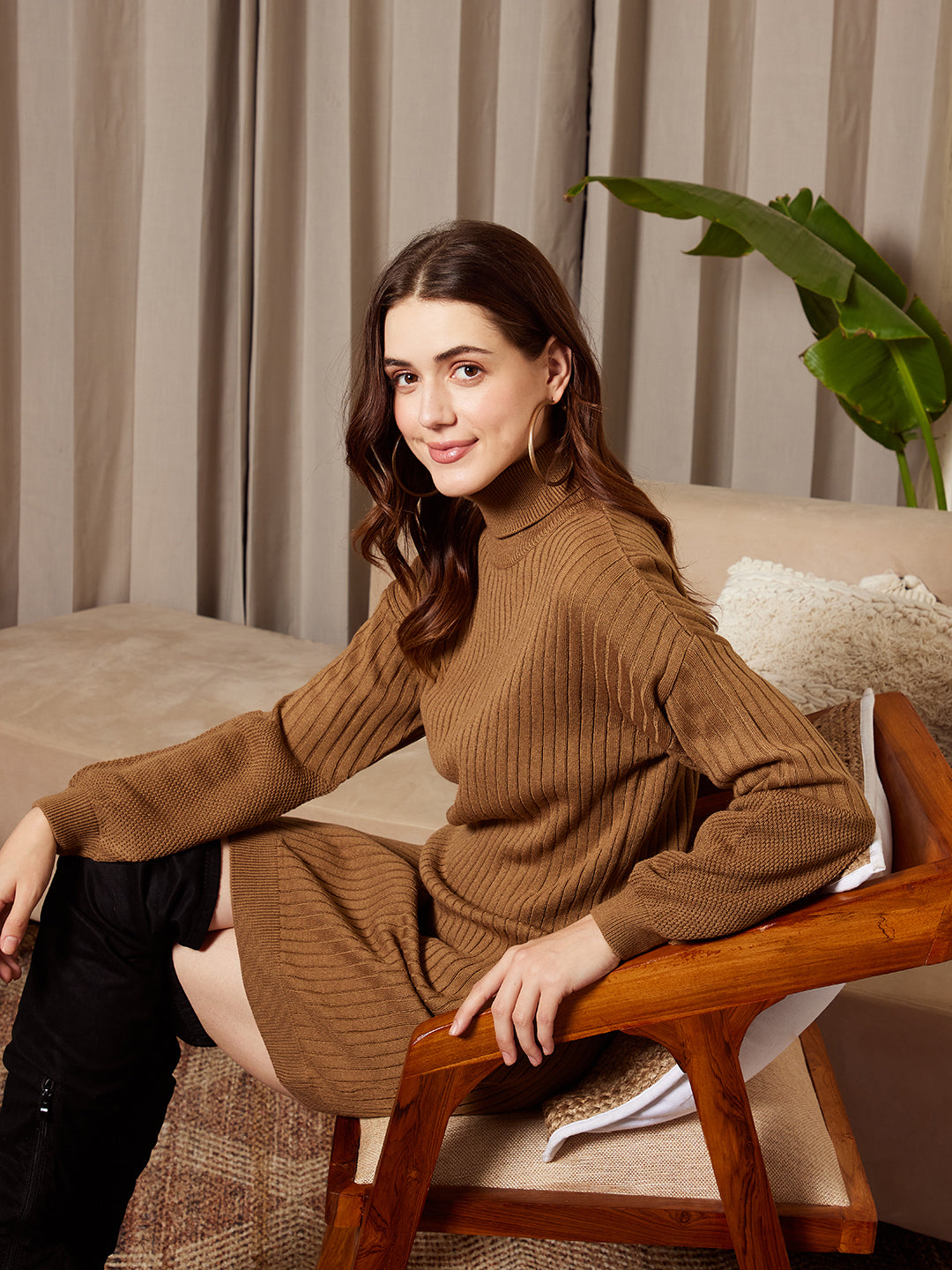 Women Solid Brown Turtle Neck Drop-Shoulder Sleeves Acrylic Straight Hem Knitted Bodycon Mini Sweater Dress - Berrylush Women Solid Brown Turtle Neck Drop-Shoulder Sleeves Acrylic Straight Hem Knitted Bodycon Mini Sweater Dress - Berrylush