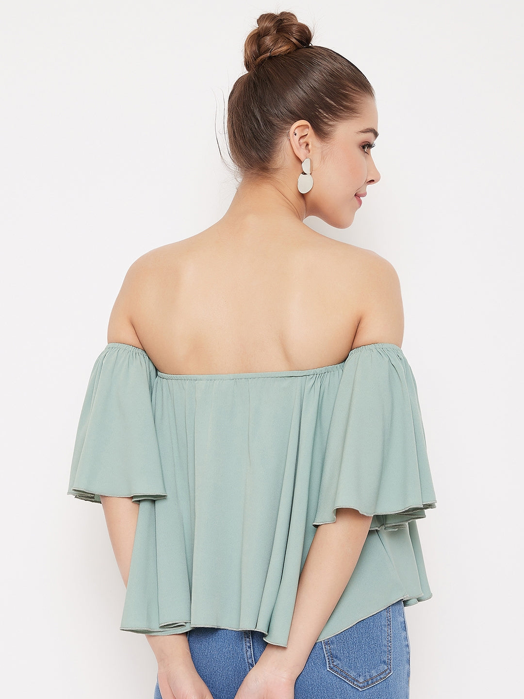 Berrylush Women Solid Green Off Shoulder Strapless Bardot Top