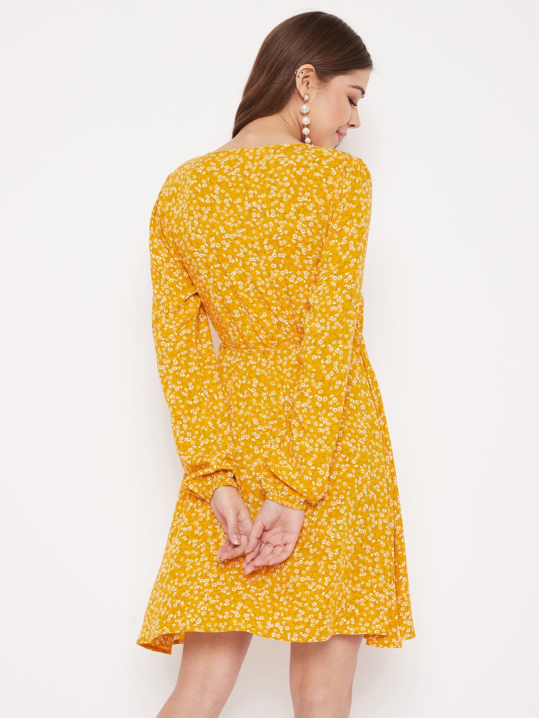 Berrylush Women Yellow & White Floral Printed Wrap Mini Dress