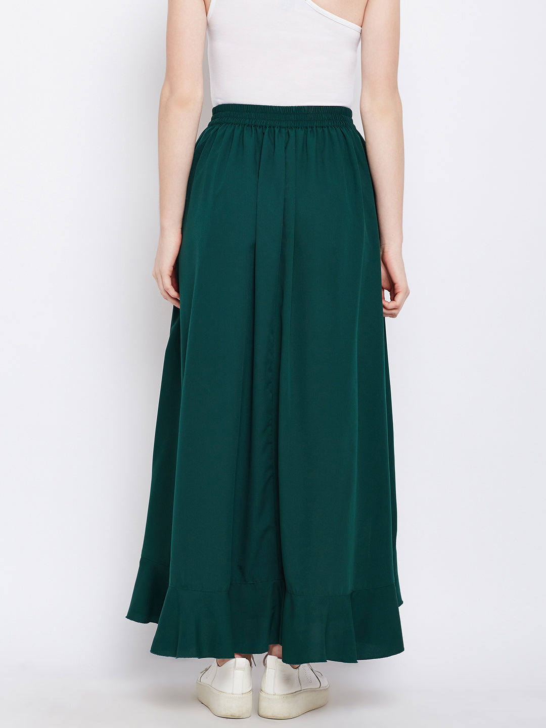 Green Solid Ruffled Wrap Maxi Skirt with Attached Palazzo - Berrylush